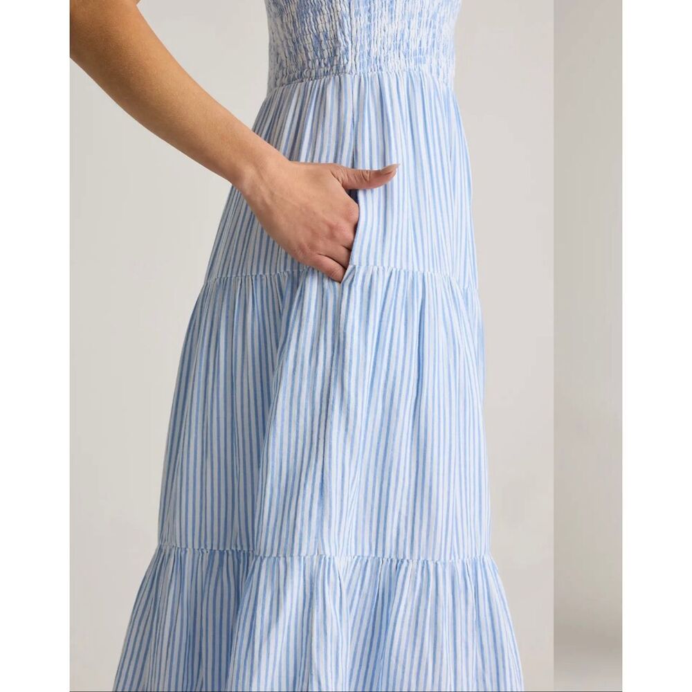 Quince blue and white stripe smocked midi dress small - Picture 3 of 11